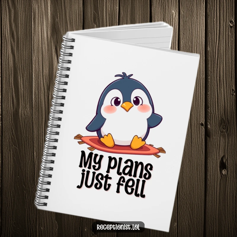 Funny penguin notebook design with a surprised cartoon character tripping over a rug, ideal for jotting down humorous thoughts.