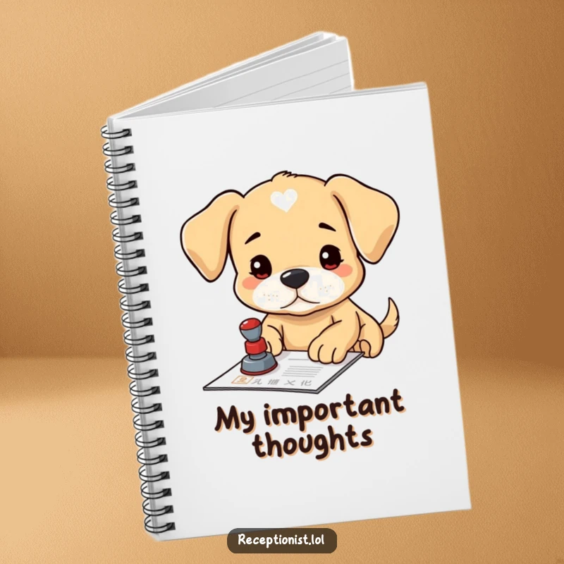 Funny puppy official notebook, focused on stamping a document, ideal for taking notes with determination.