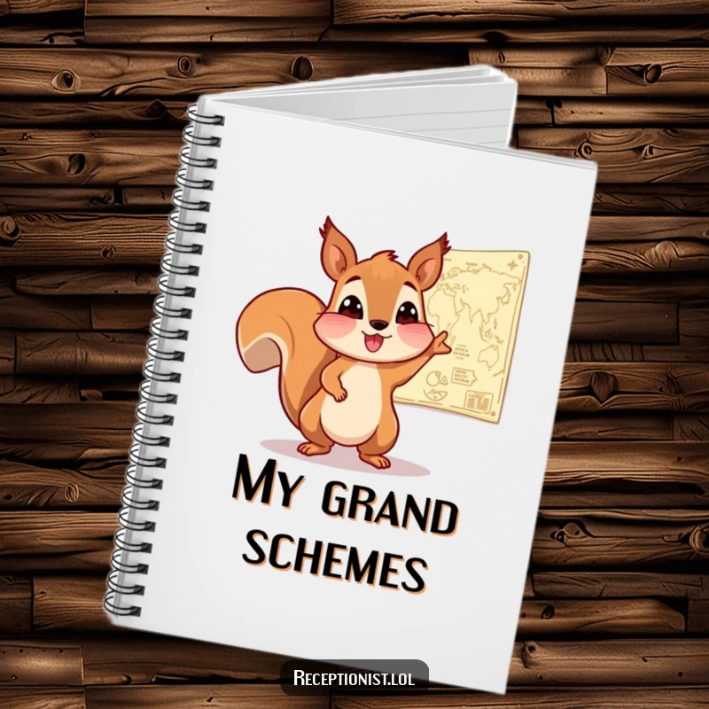 Funny Squirrel Adventure Notebook featuring an enthusiastic squirrel pointing to a map on the wall, perfect for humorous planning.