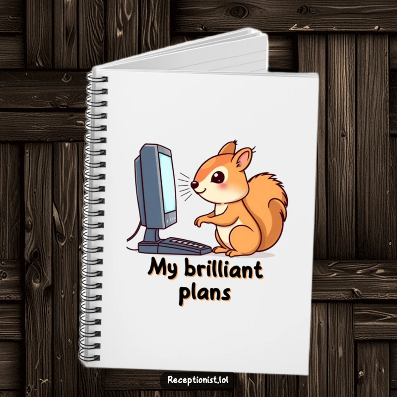 Funny notebook with a focused squirrel character working on a computer, perfect for jotting down code or ideas.