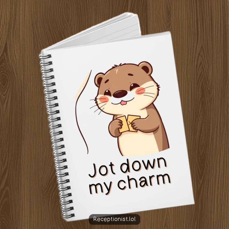 Funny otter with a wink, offering a welcome packet, on a notebook for jotting down thoughts.