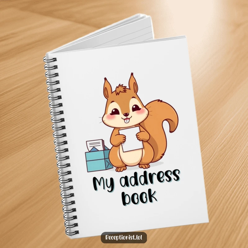 Funny Notebook featuring a diligent squirrel sorting mail with precision and a satisfied grin, ideal for organized note-taking.
