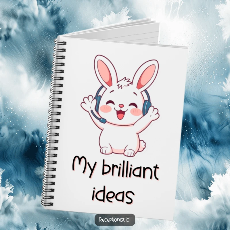 Funny bunny welcome notebook, headset on, waving hello, ideal for taking notes with a dose of cuteness and humor.
