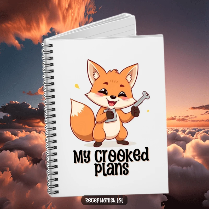 Funny notebook with a determined fox grinning while juggling keys, ideal for note-taking and clever planning.