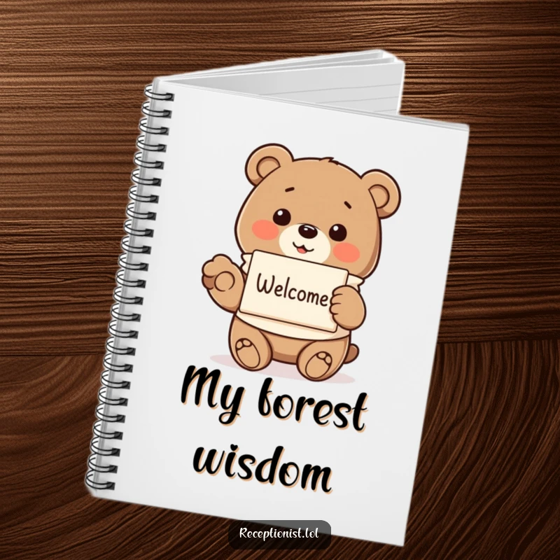Funny bear, in a smock, offering a pamphlet, on a notebook cover, inspiring humorous and kind note-taking.