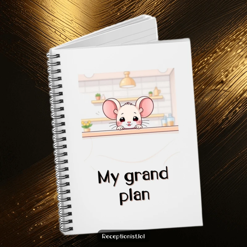 Funny mouse notebook, a tiny mouse peeking over a large counter with a friendly glimmer, making note-taking amusing.