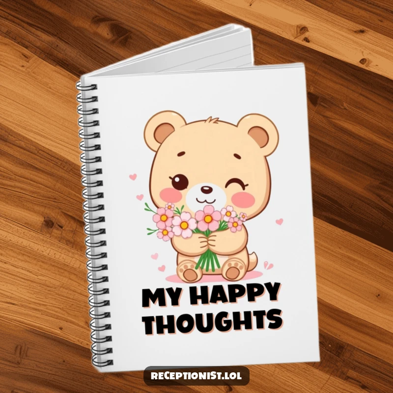 Funny bear cub notebook cover with a sweet character holding a bouquet of flowers with a gentle smile, perfect for documenting loving thoughts.
