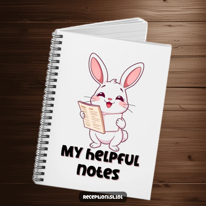 Funny delighted cartoon rabbit holding a directory, ruled notebook for notes, humorous stationery, helpful guidance.