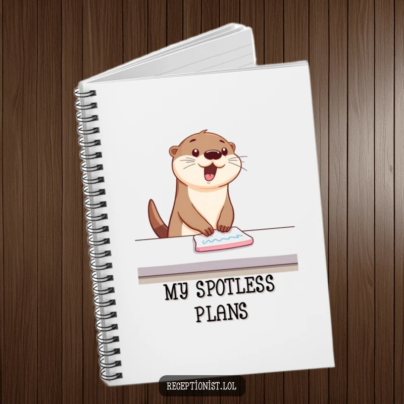 Funny Notebook featuring a bouncing otter wiping a counter with energetic, happy swipes, great for notes and task lists.