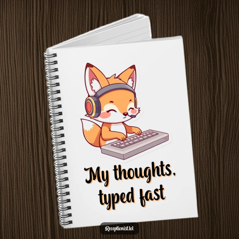Funny fox notebook featuring a cartoon fox with headphones, typing rapidly; ideal for capturing ideas with a humorous touch.