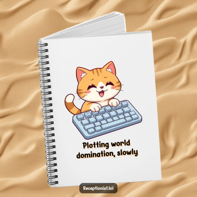 Funny cat diligently typing on a massive keyboard, showcased on a notebook cover for writers and students.