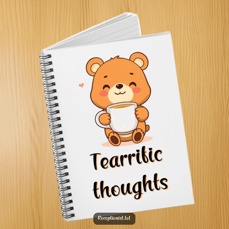 Funny bear notebook with a smiling character offering a warm cup of tea, perfect for capturing notes with a cozy, friendly vibe.