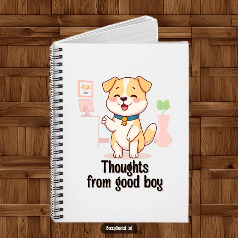 Funny dog receptionist notebook, a happy dog wagging its tail, offering a comforting pat, perfect for writing, humorous stationery.