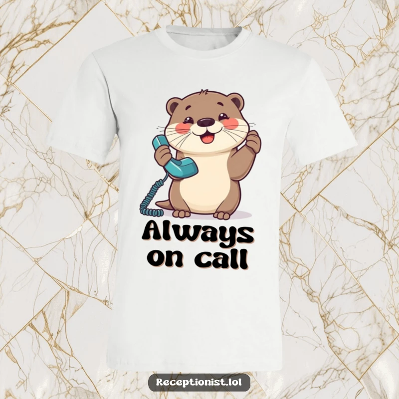 Funny Otter T-Shirt showing a happy otter answering a ringing phone with great enthusiasm.