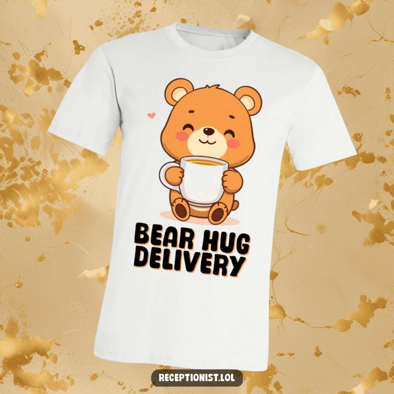 Funny bear t-shirt with a smiling character holding a warm cup of tea, perfect for spreading cozy feelings and smiles.