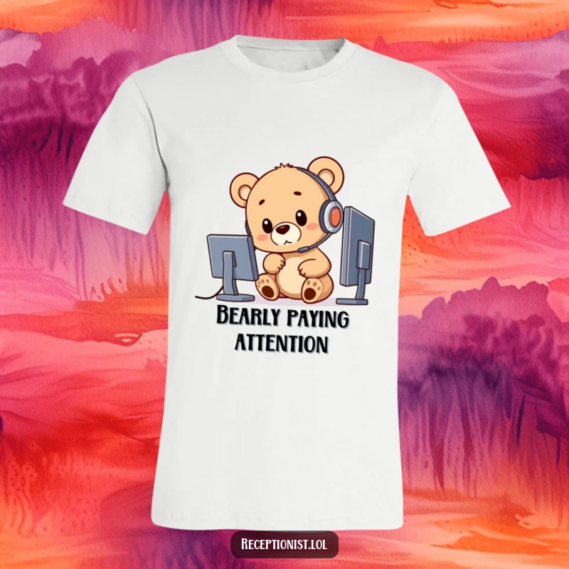 Funny bear cub with a headset pointing at a screen, designed as a humorous t-shirt for gamers.