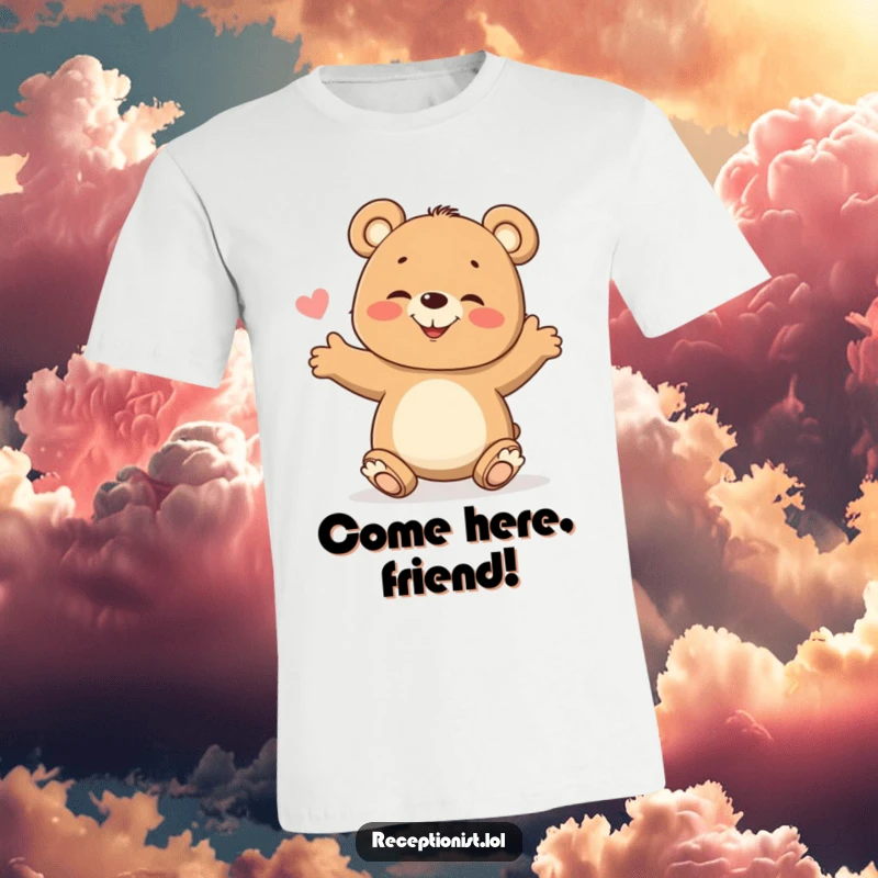 Funny T-Shirt showcasing a laughing bear cub, arms outstretched in a warm, inviting gesture, radiating pure joy and friendliness.