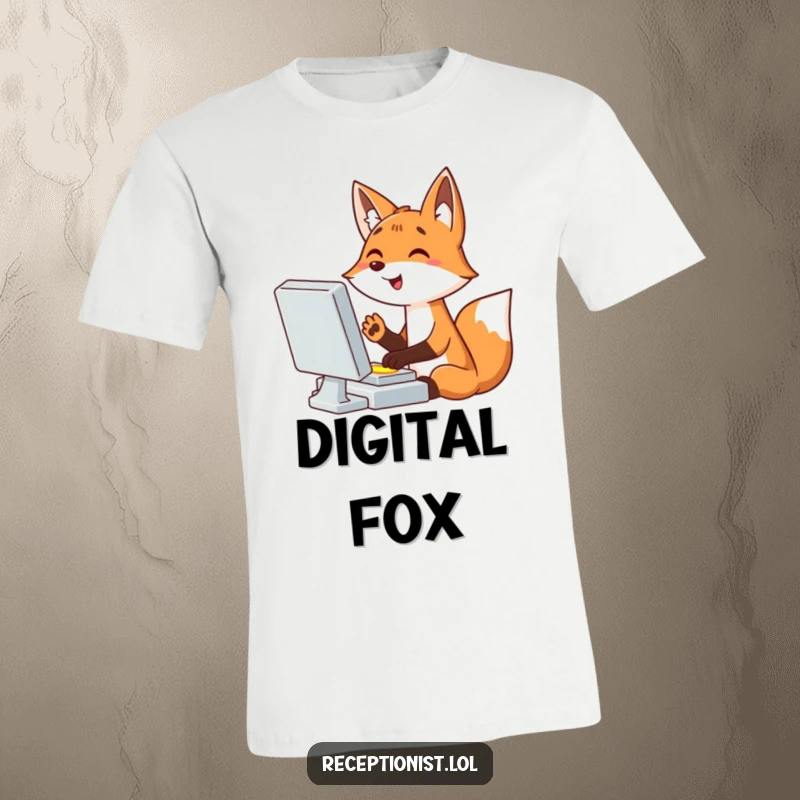 Funny giggling cartoon fox typing vigorously at a computer, paw poised above a bright button, showcasing tech enthusiasm, funny shirt.