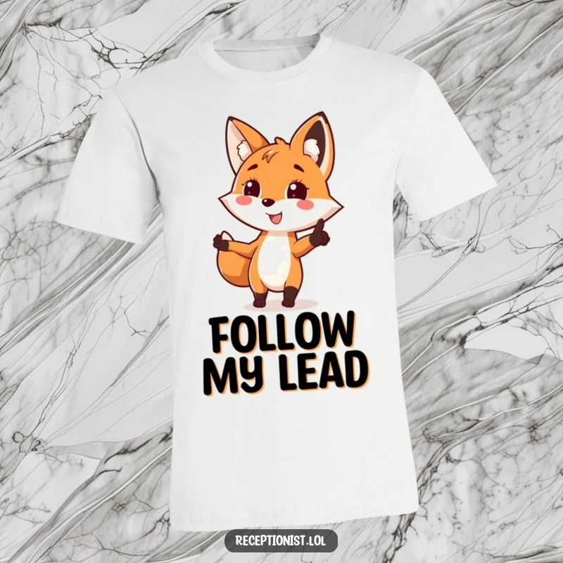 Funny fox direction t-shirt, pointing the way with a bright smile, playful and helpful, ideal for casual wear.