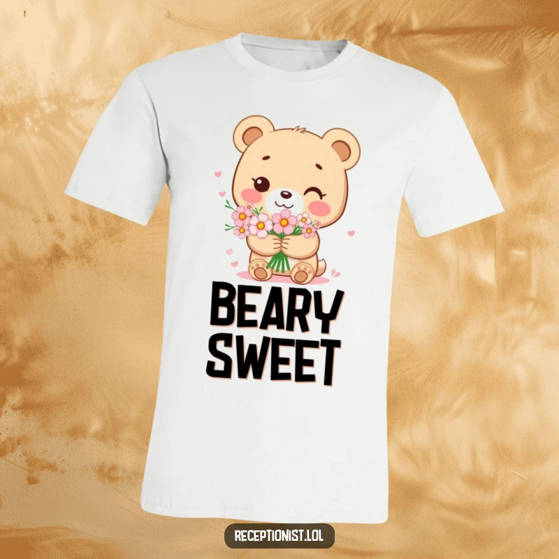 Funny bear cub t-shirt showcasing a sweet character holding a bouquet of flowers with a gentle smile, perfect for spreading love and humorous charm.