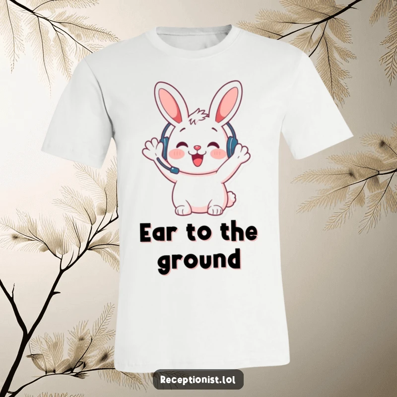 Funny bunny greeting t-shirt, wearing a headset, waving with a big smile, showing a warm and inviting welcome.