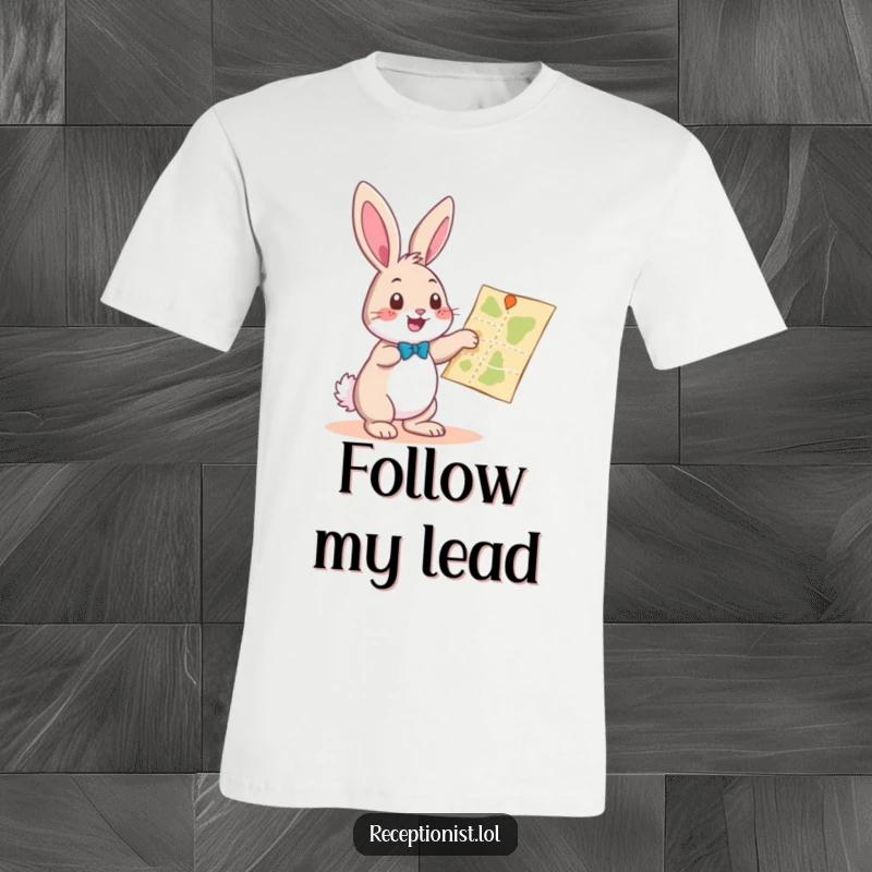 Funny playful bunny pointing towards a map with a helpful gesture, humorous t-shirt design for travelers, symbol of adventure and guidance.