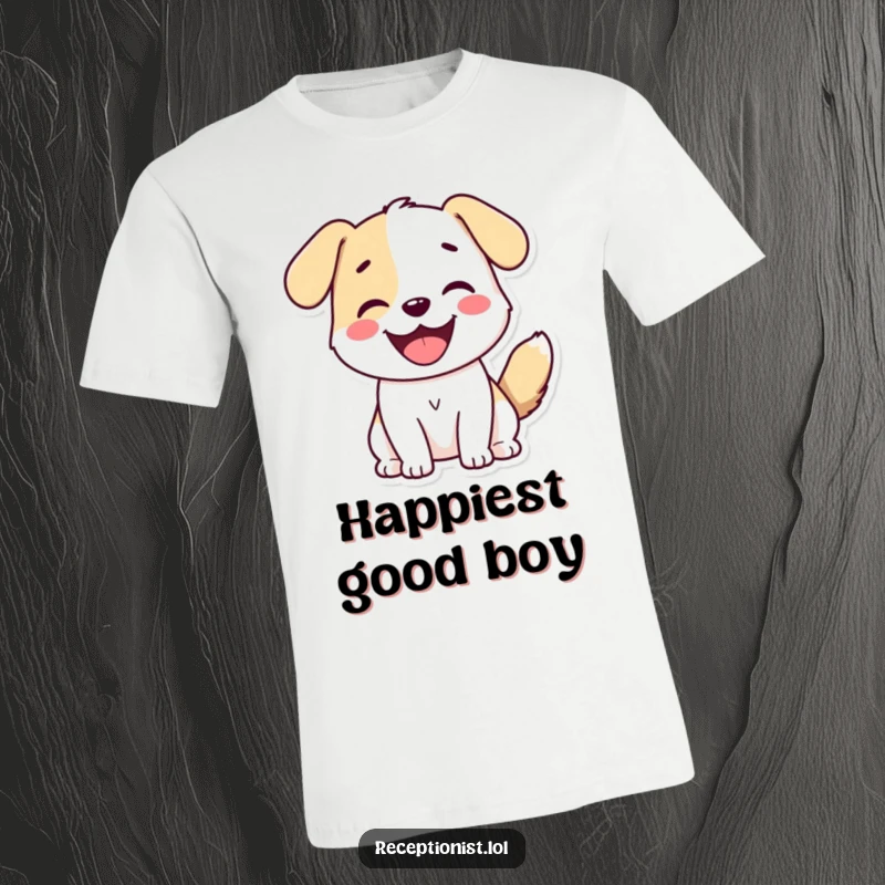 Funny Dog Greeting T-Shirt: a cute dog wagging its tail with a big smile, embodying pure happiness.