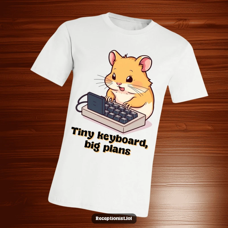 Funny determined hamster typing furiously on a miniature computer keyboard, humorous t-shirt design for fast typists, symbol of intense productivity.
