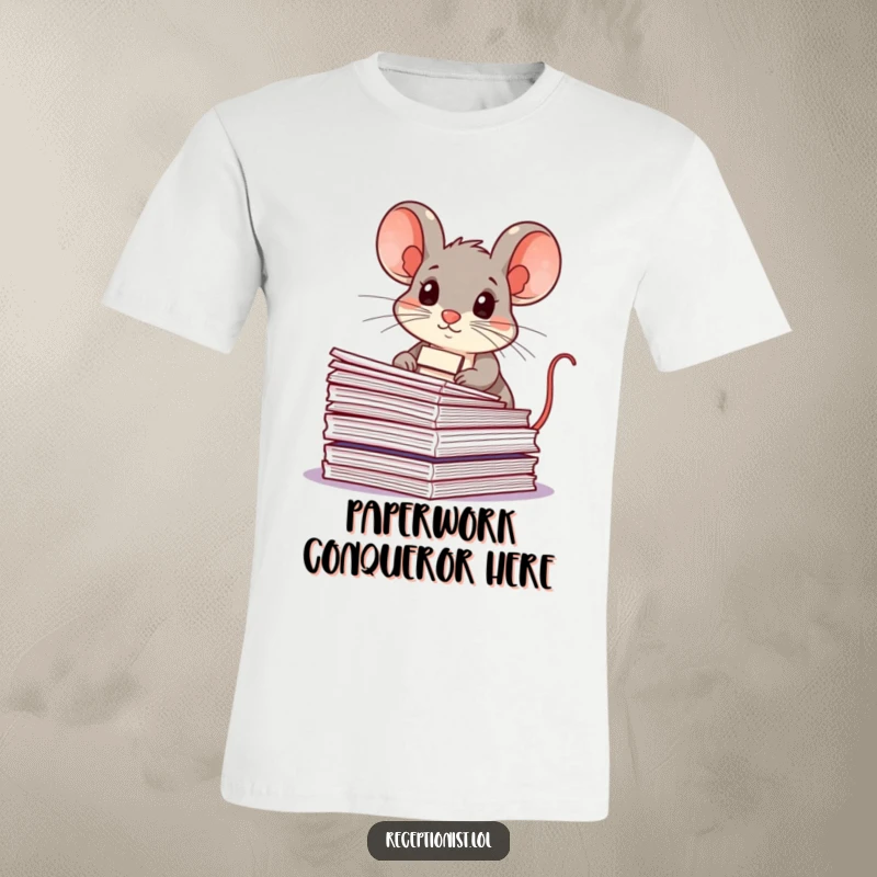 Funny mouse with a name tag, determined to organize papers, printed on a t-shirt, showcasing a humorous work ethic.