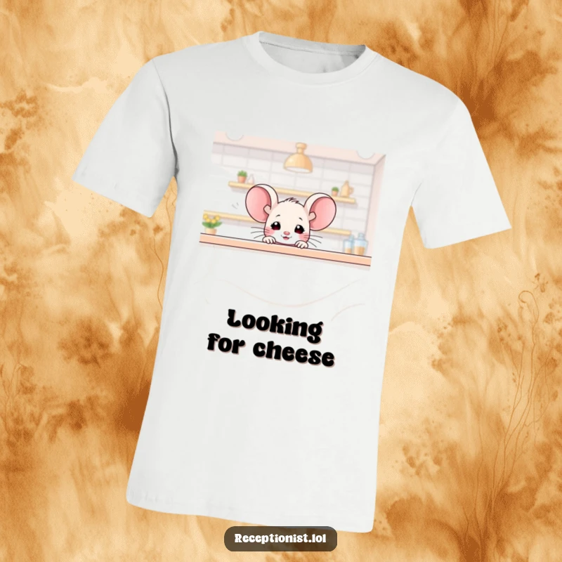 Funny mouse t-shirt, a minuscule mouse character peeking over a huge counter, with a friendly and mischievous glimmer.