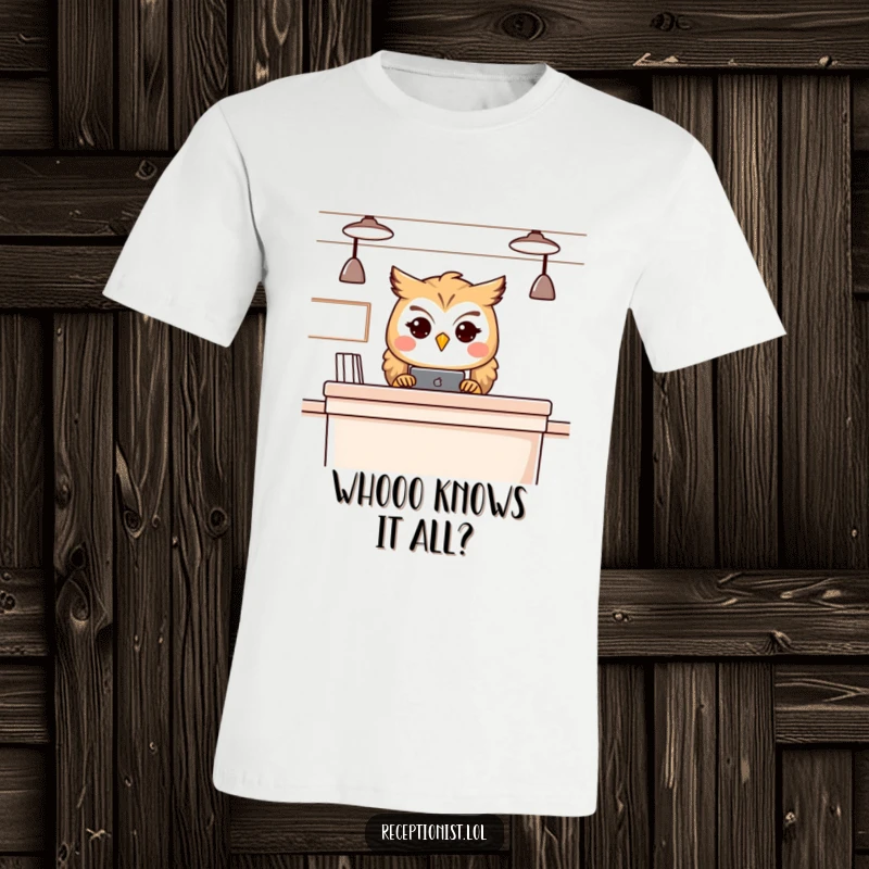 Funny owl receptionist t-shirt, depicting a knowledgeable owl behind a desk, radiating calm and warmth.