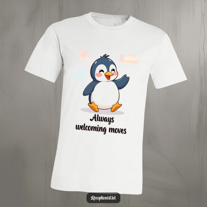 Funny penguin doing a celebratory dance, printed on a comfortable and funny t-shirt.