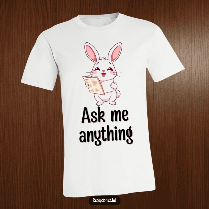 Funny delighted cartoon rabbit holding a directory, smiling helpfully, showcasing organization and knowledge, humorous t-shirt.