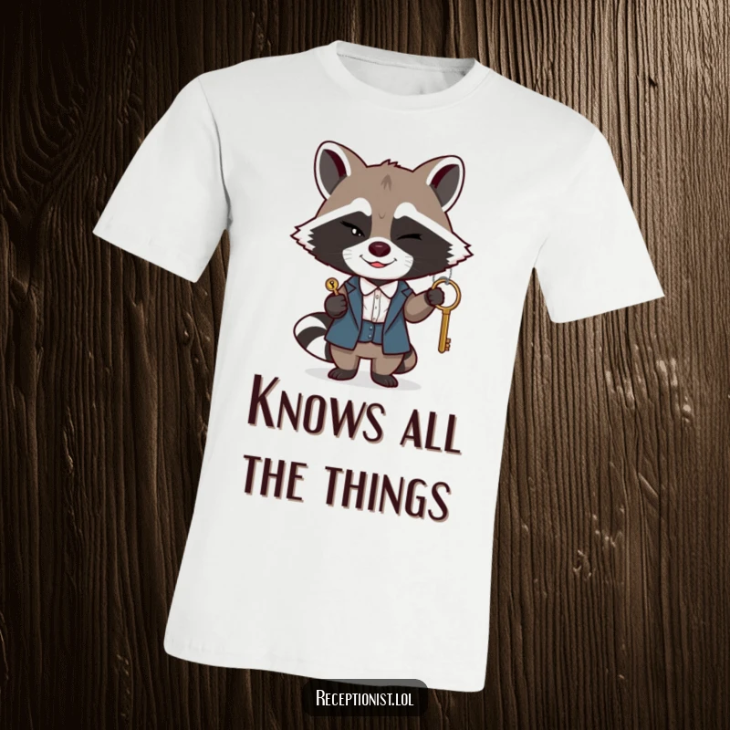 Funny raccoon receptionist t-shirt, a winking raccoon passing a key with a sly smile, mysterious and humorous apparel.