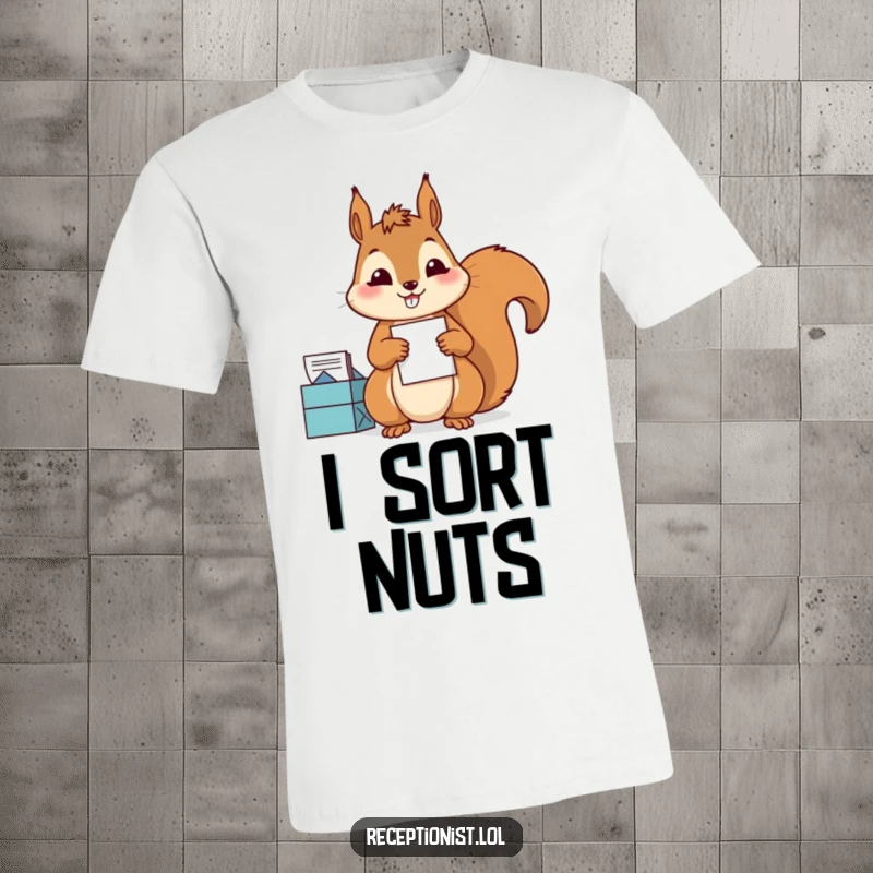Funny T-Shirt featuring a diligent squirrel sorting mail with precision and a satisfied grin, humorous apparel for neat freaks.