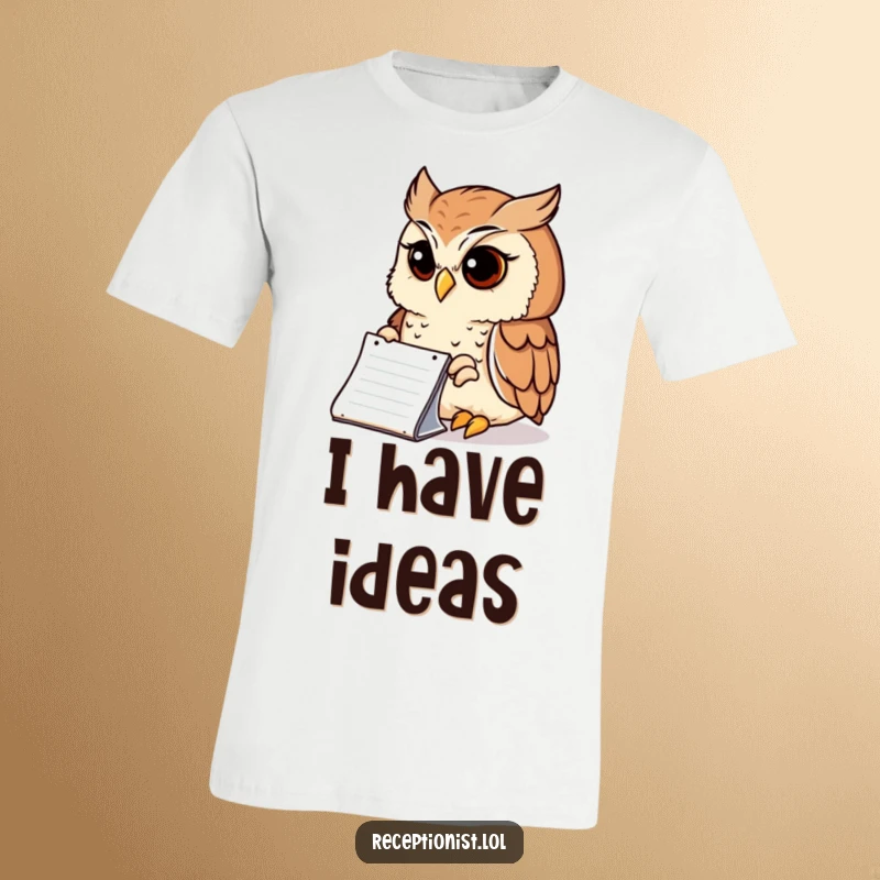 Funny T-Shirt featuring a wise owl peering intently at a notepad with a serene expression, humorous apparel for intellectuals.