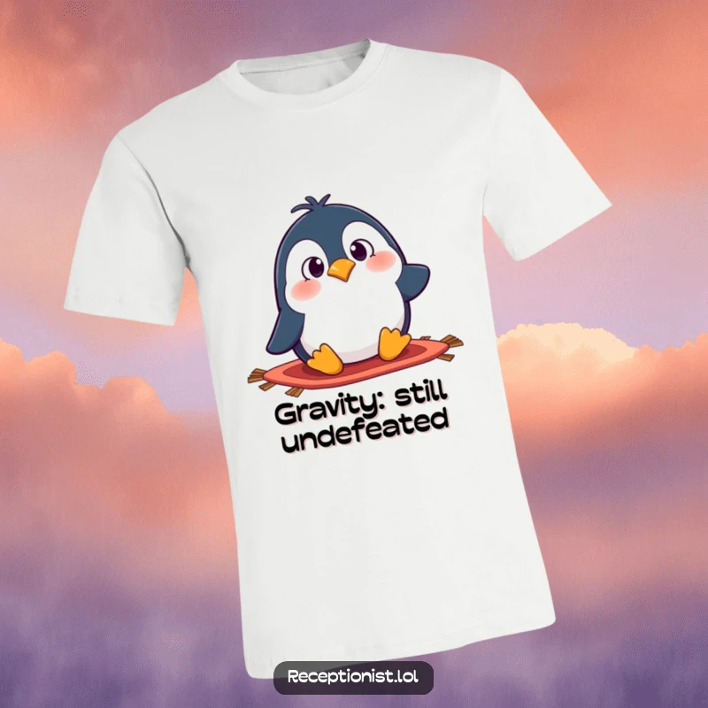 Funny penguin t-shirt featuring a cartoon penguin comically tripping over a rug, expressing surprise; a hilarious wearable gag gift.