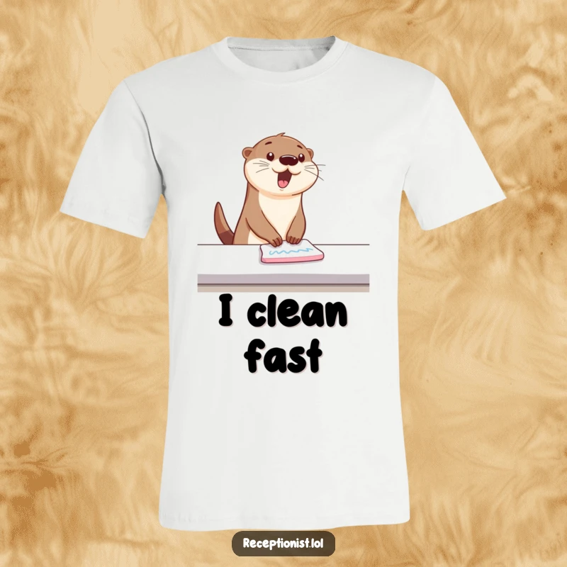 Funny T-Shirt featuring a bouncing otter wiping a counter with energetic, happy swipes, humorous apparel for active people.