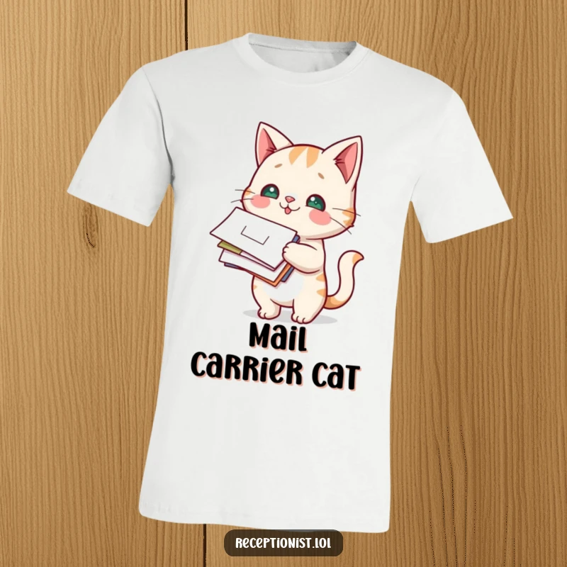 Funny Cat Mail Carrier T-Shirt: a curious cat holding a stack of mail, embodying playful responsibility.