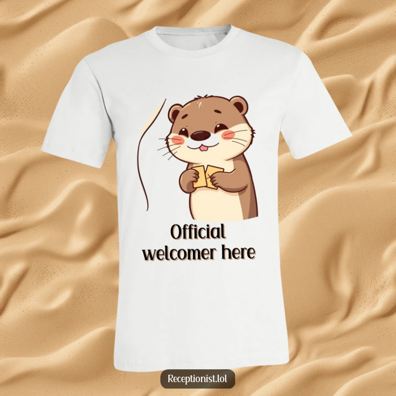 Funny otter winking as it gives a visitor a welcome packet, ideal for a funny t-shirt.