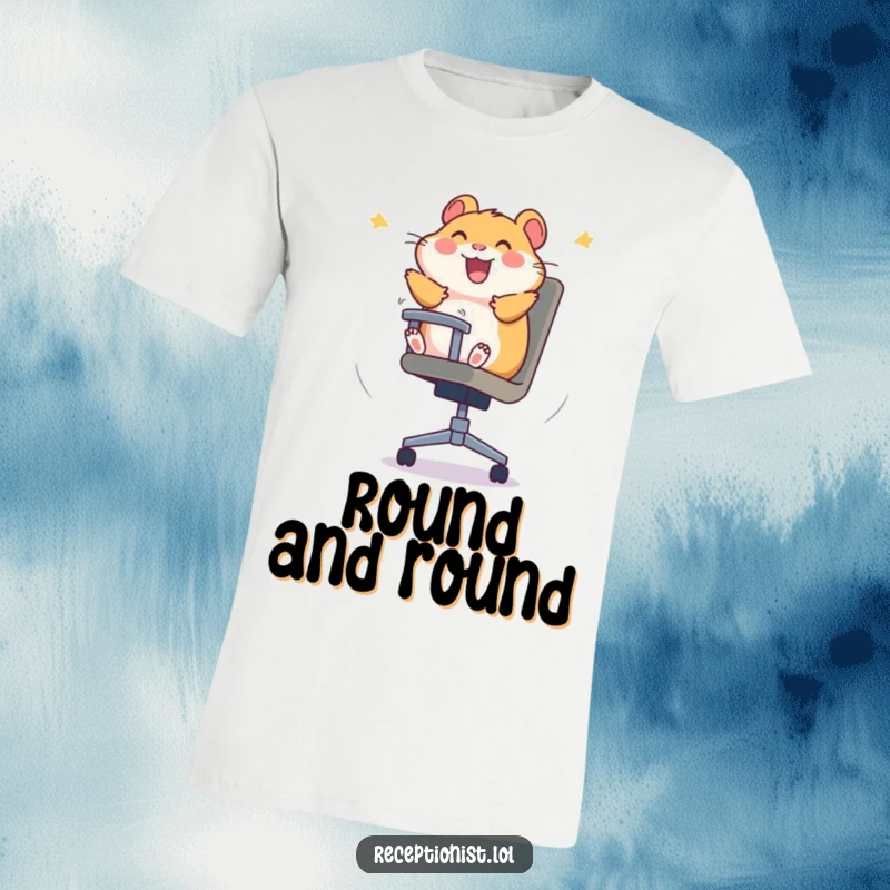 Funny hamster shirt showing a blur of motion as it spins gleefully in an office chair, capturing pure fun.