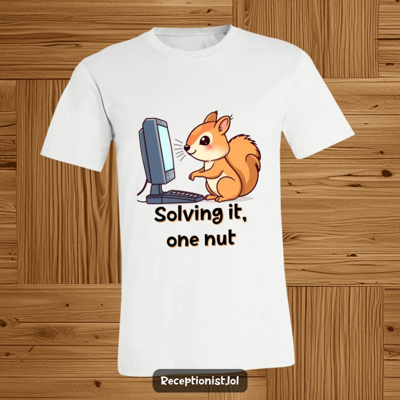 Funny t-shirt depicting a focused squirrel intensely working on a blinking computer screen, ideal for programmers.
