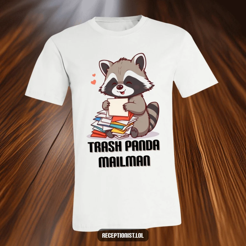 Funny Raccoon Mail Carrier T-Shirt showing a playful raccoon sorting colorful mail with a cheerful hum, ideal for humorous everyday wear.