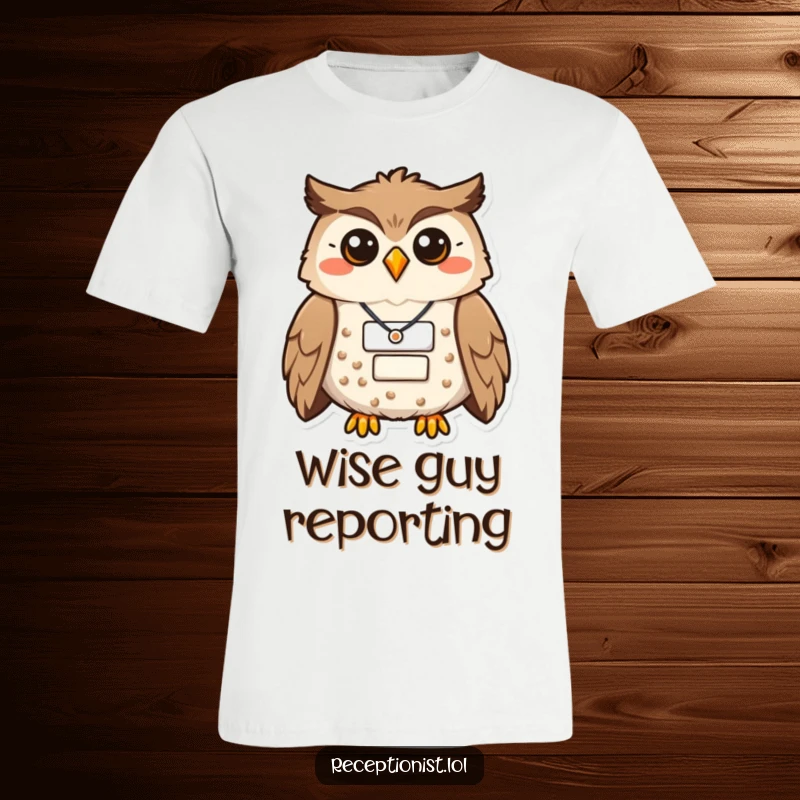 Funny owl with a proud smile and name badge on a T-shirt, exuding wisdom and warmth for a humorous gift.