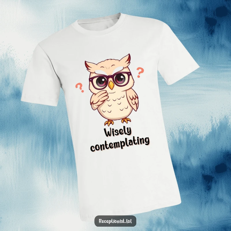 Funny owl adjusting glasses thoughtfully, printed on a comfortable and funny t-shirt.