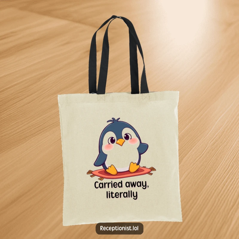 Funny penguin tote bag depicting a cartoon penguin comically tripping over a rug, wide-eyed with surprise; a humorous accessory.