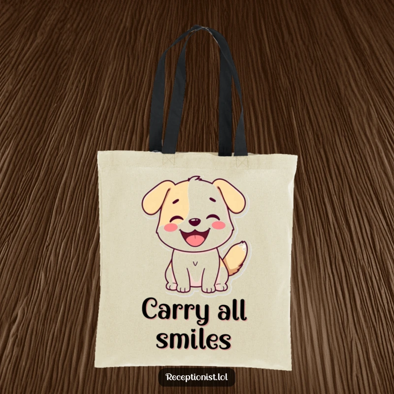 Funny Dog Greeting Tote Bag showing a cute dog happily wagging its tail and smiling, ready to greet.