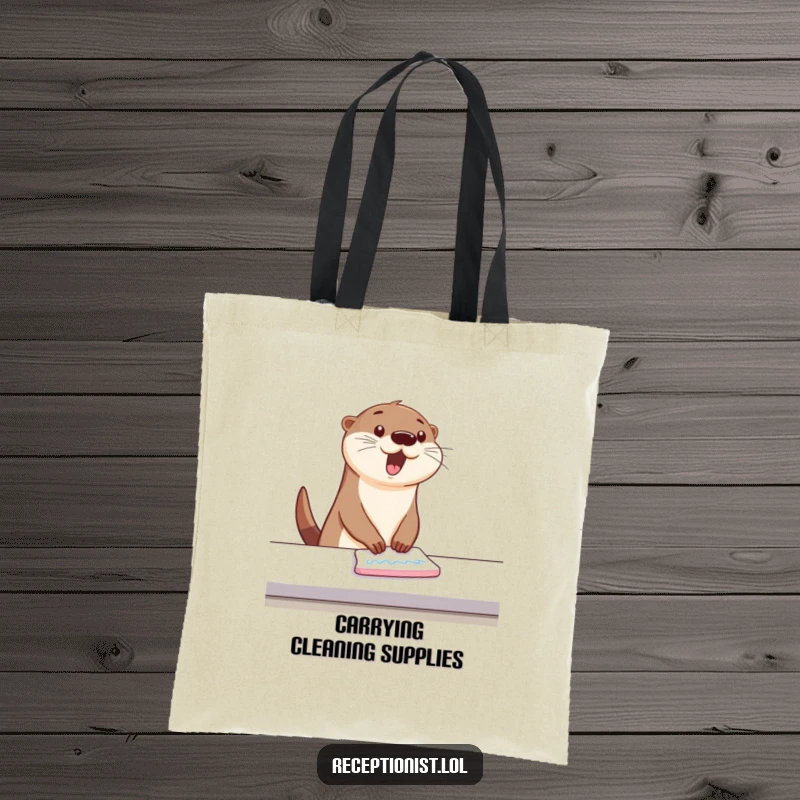 Funny Tote Bag showing a bouncing otter wiping a counter with energetic, happy swipes, humorous and practical for neat folks.