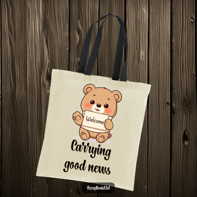 Smiling bear in a smock, offering a pamphlet with a paw, on a durable tote bag, providing a humorous and welcoming way to carry items.