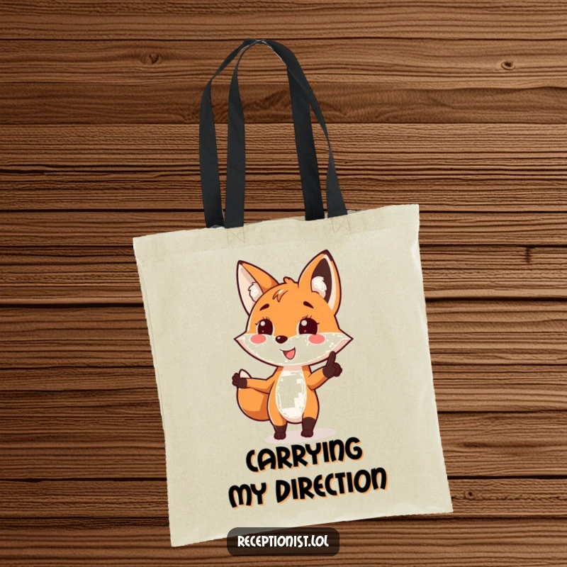 Funny fox guide tote bag, pointing the way with a bright smile, perfect for carrying daily essentials stylishly.
